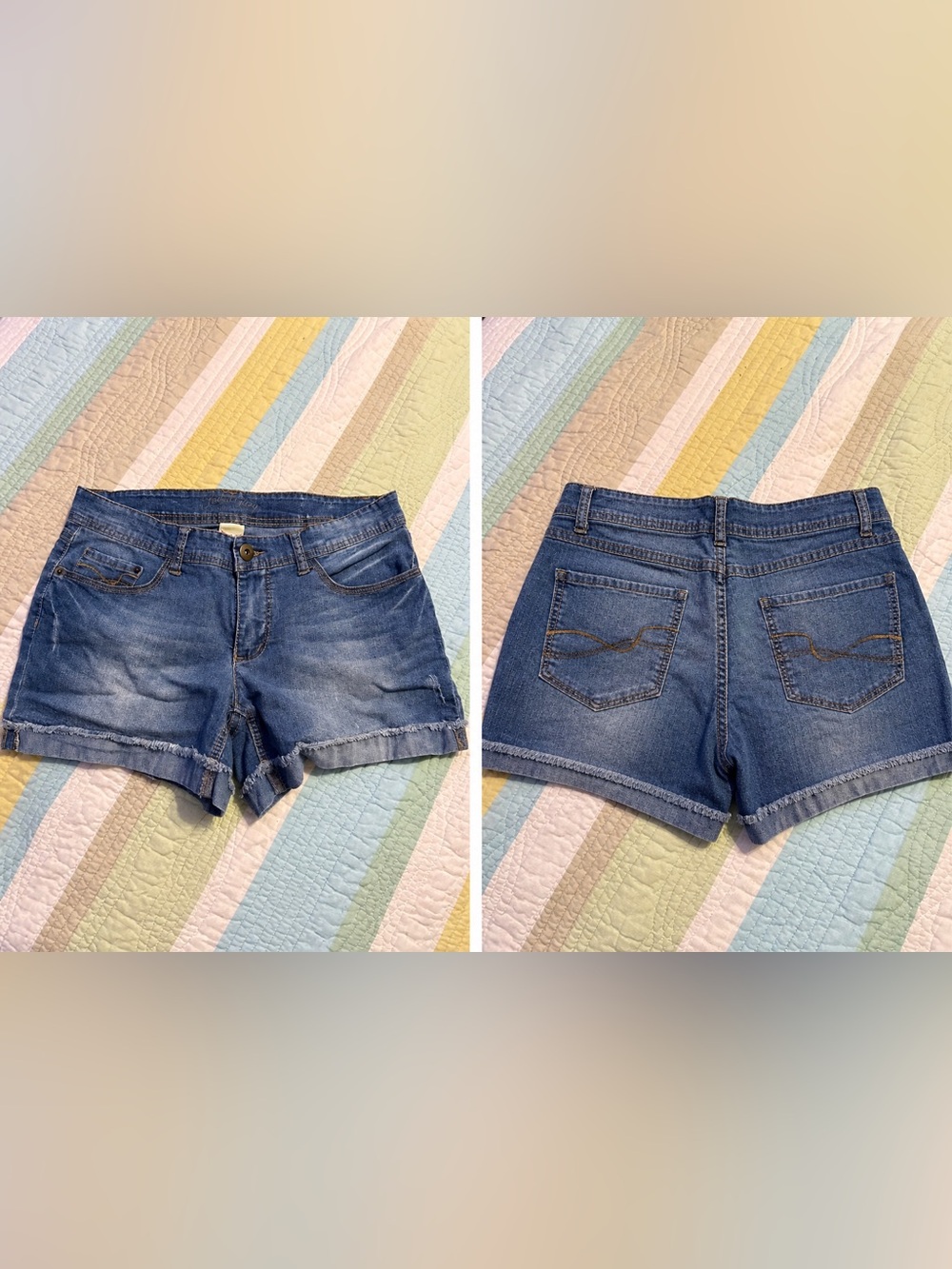 Faded Glory Medium Blue Denim Shorts with Frayed Hem